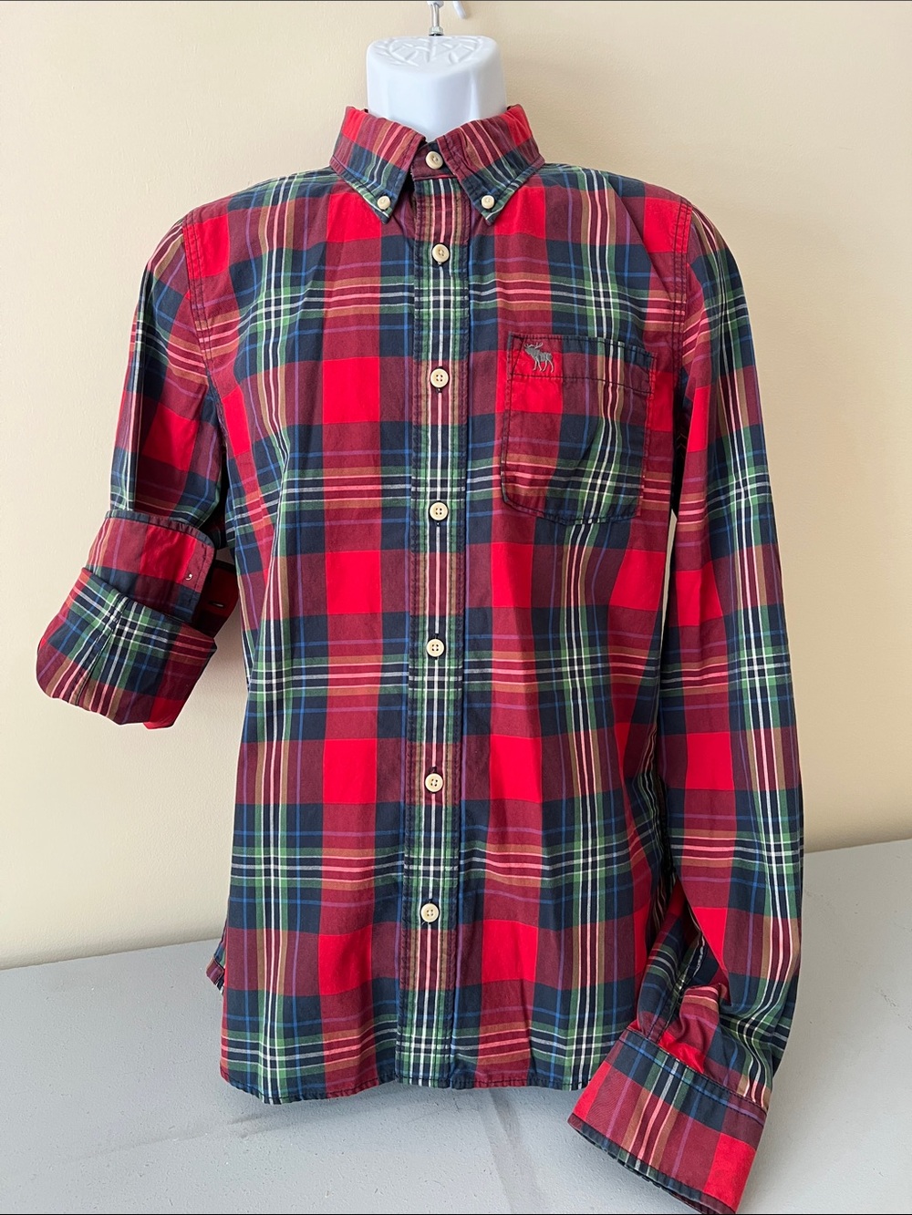 Abercrombie & Fitch Red and Navy Plaid Button-Down Shirt